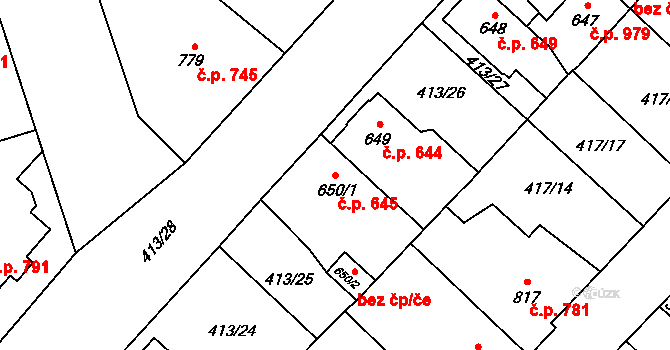 Hulváky 645, Ostrava na parcele st. 650/1 v KÚ Zábřeh-Hulváky, Katastrální mapa