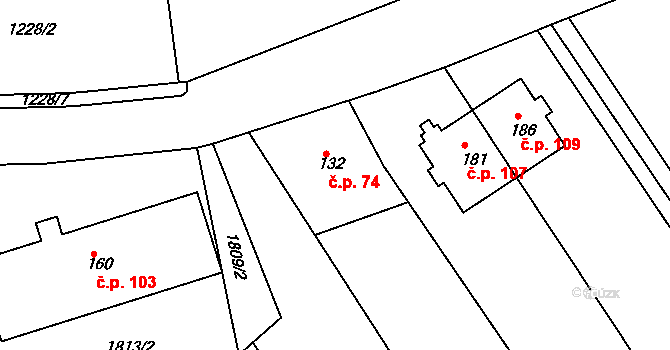 Dobrá Voda 74 na parcele st. 132 v KÚ Dobrá Voda u Křižanova, Katastrální mapa
