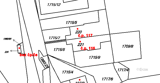 Kladná Žilín 116, Luhačovice na parcele st. 221 v KÚ Kladná Žilín, Katastrální mapa