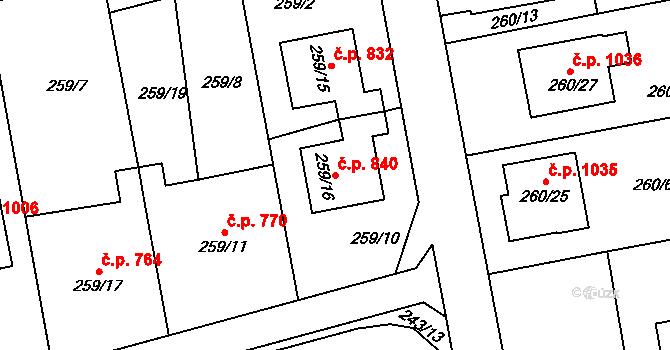 Kylešovice 840, Opava na parcele st. 259/16 v KÚ Kylešovice, Katastrální mapa