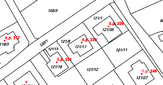 Chuchelná 230 na parcele st. 121/17 v KÚ Chuchelná, Katastrální mapa