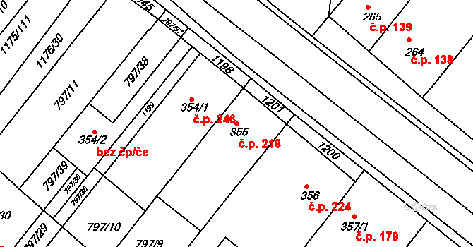 Uherský Ostroh 218 na parcele st. 355/1 v KÚ Uherský Ostroh, Katastrální mapa