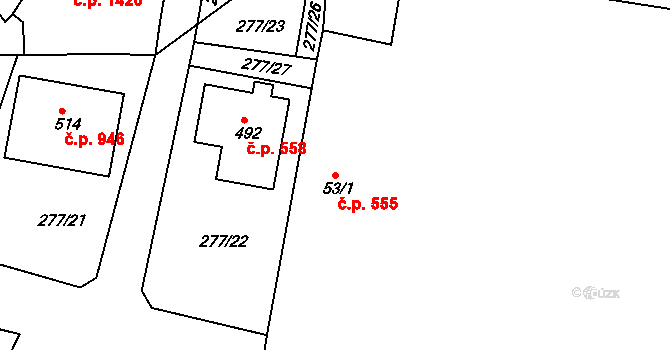 Rudná 555 na parcele st. 53/1 v KÚ Hořelice, Katastrální mapa