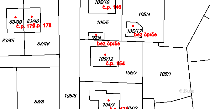 Blížejov 154 na parcele st. 105/12 v KÚ Blížejov, Katastrální mapa