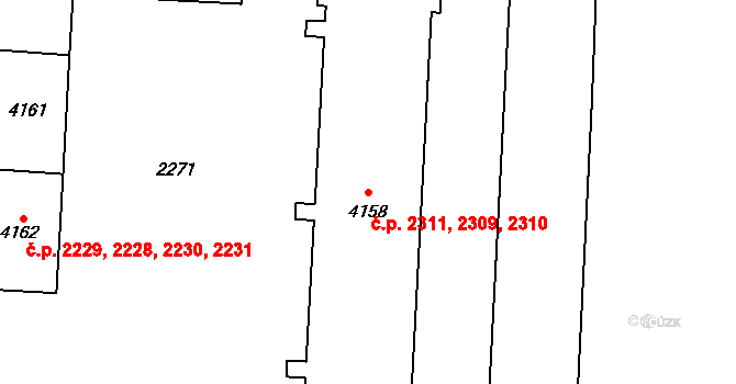 Zelené Předměstí 2309,2310,2311, Pardubice na parcele st. 4158 v KÚ Pardubice, Katastrální mapa