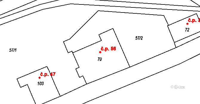 Bušanovice 56 na parcele st. 70 v KÚ Bušanovice, Katastrální mapa