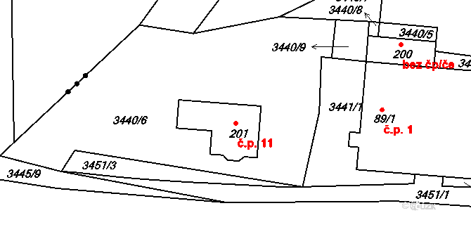 Bor 11, Velešín na parcele st. 201 v KÚ Chodeč, Katastrální mapa