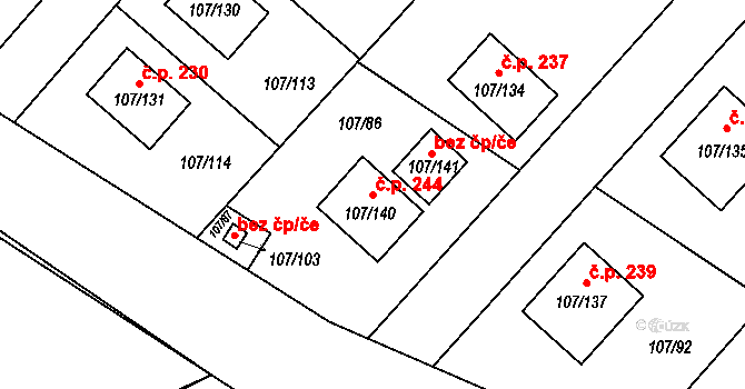 Velké Chvalovice 244, Pečky na parcele st. 107/140 v KÚ Velké Chvalovice, Katastrální mapa