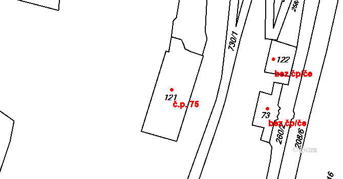 Teplice nad Bečvou 75 na parcele st. 121 v KÚ Teplice nad Bečvou, Katastrální mapa