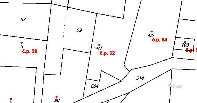 Jizbice 32 na parcele st. 4/1 v KÚ Jizbice u Nymburka, Katastrální mapa