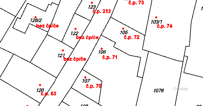 Rožďalovice 71 na parcele st. 106 v KÚ Rožďalovice, Katastrální mapa