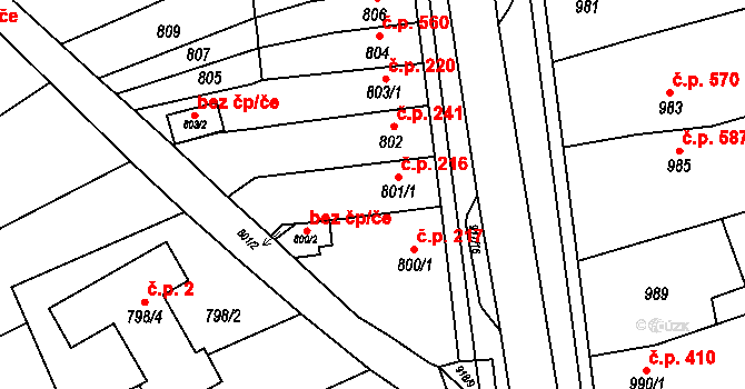 Rajhrad 216 na parcele st. 801/1 v KÚ Rajhrad, Katastrální mapa