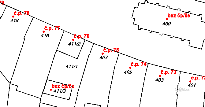 Moravský Písek 75 na parcele st. 407 v KÚ Moravský Písek, Katastrální mapa