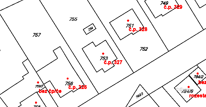 Šaratice 327 na parcele st. 753 v KÚ Šaratice, Katastrální mapa