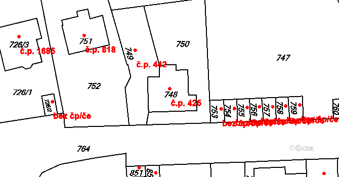 Švermov 425, Kladno na parcele st. 748 v KÚ Motyčín, Katastrální mapa