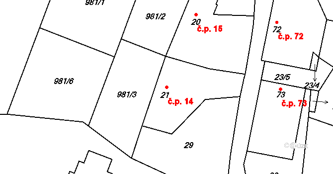 Děbolín 14, Jindřichův Hradec na parcele st. 21 v KÚ Děbolín, Katastrální mapa