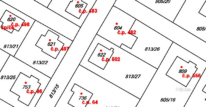 Hejnice 502 na parcele st. 622 v KÚ Hejnice, Katastrální mapa