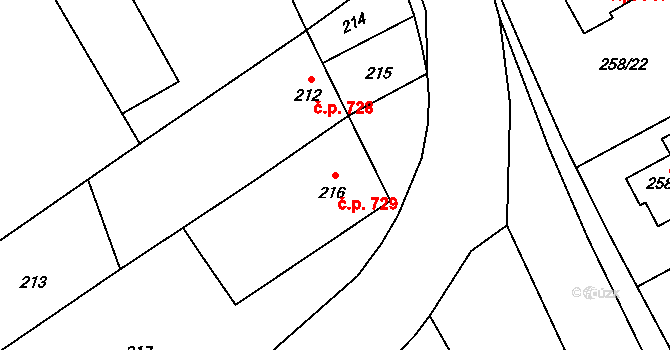 Březce 729, Štěpánov na parcele st. 216 v KÚ Březce, Katastrální mapa