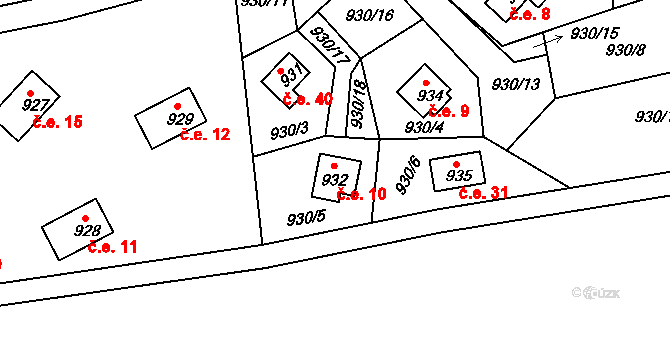 Mšecké Žehrovice 10 na parcele st. 932 v KÚ Mšecké Žehrovice, Katastrální mapa
