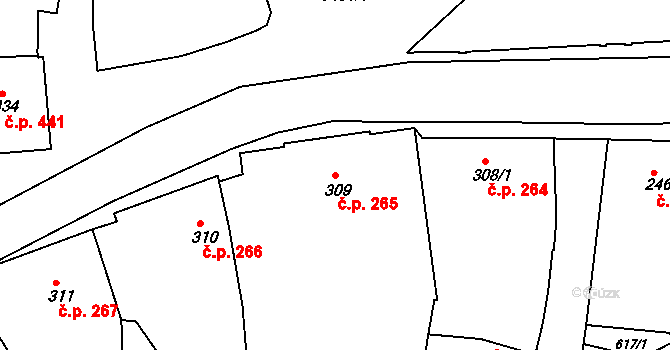 Lysá nad Labem 265 na parcele st. 309 v KÚ Lysá nad Labem, Katastrální mapa