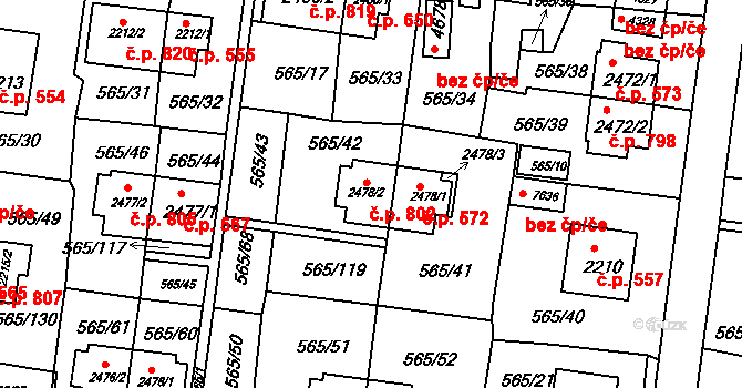 Borovina 802, Třebíč na parcele st. 2478/2 v KÚ Třebíč, Katastrální mapa