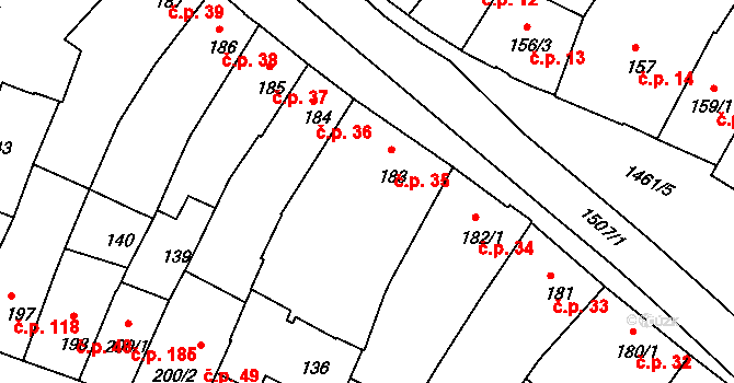 Jejkov 35, Třebíč na parcele st. 183 v KÚ Třebíč, Katastrální mapa