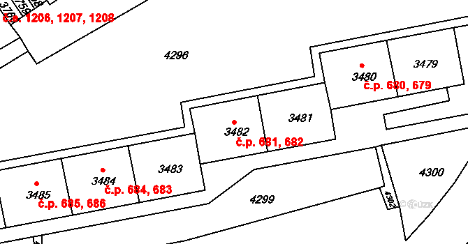 Komín 681,682, Brno na parcele st. 3481 v KÚ Komín, Katastrální mapa