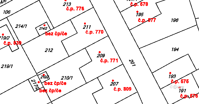 Letovice 771 na parcele st. 209 v KÚ Letovice, Katastrální mapa