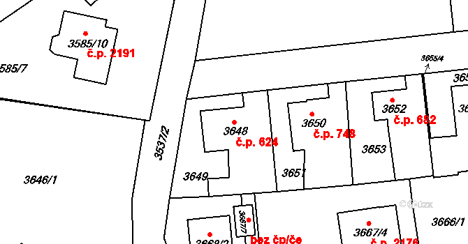 Sokolov 624 na parcele st. 3648 v KÚ Sokolov, Katastrální mapa