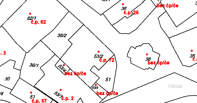 Červené Poříčí 72 na parcele st. 53/2 v KÚ Červené Poříčí, Katastrální mapa