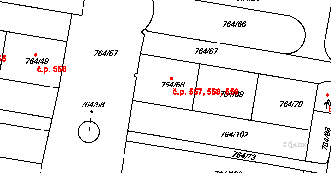 Jinonice 557,558,559, Praha na parcele st. 764/68 v KÚ Jinonice, Katastrální mapa