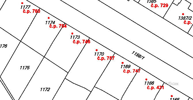 Mutěnice 757 na parcele st. 1170 v KÚ Mutěnice, Katastrální mapa