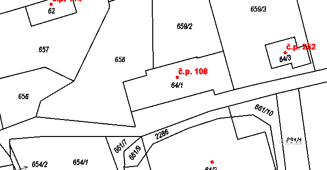 Rynoltice 108 na parcele st. 64/1 v KÚ Rynoltice, Katastrální mapa