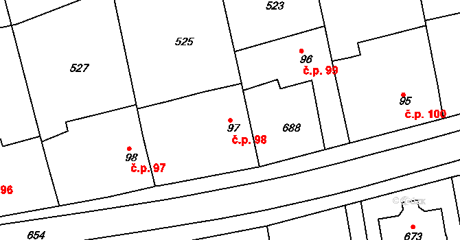 Svinary 98, Hradec Králové na parcele st. 97 v KÚ Svinary, Katastrální mapa