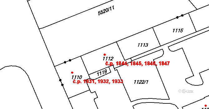 Východní Předměstí 1844,1845,1846,1847, Plzeň na parcele st. 1112 v KÚ Hradiště u Plzně, Katastrální mapa