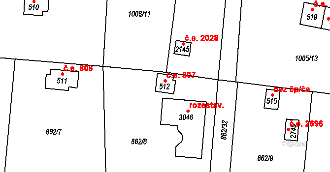 Litice 807, Plzeň na parcele st. 512 v KÚ Valcha, Katastrální mapa