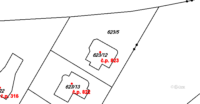 Bohnice 823, Praha na parcele st. 623/12 v KÚ Bohnice, Katastrální mapa