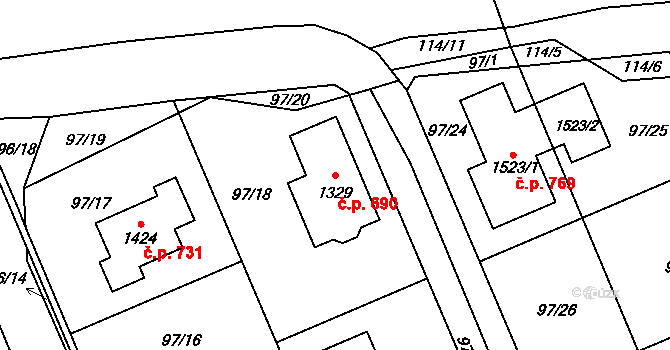 Horní Bříza 690 na parcele st. 1329 v KÚ Horní Bříza, Katastrální mapa