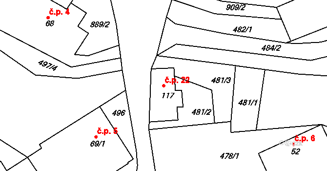 Vrchovina 22, Sychrov na parcele st. 117 v KÚ Radostín u Sychrova, Katastrální mapa