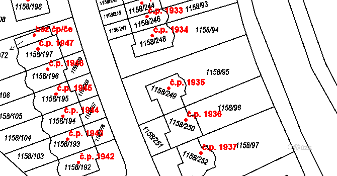 Hostivice 1935 na parcele st. 1158/249 v KÚ Hostivice, Katastrální mapa