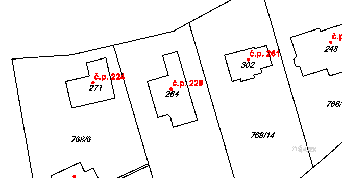 Drahlín 228 na parcele st. 264 v KÚ Drahlín, Katastrální mapa