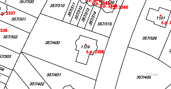 Hostivice 2398 na parcele st. 1129 v KÚ Litovice, Katastrální mapa