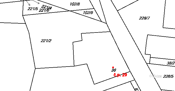 Bilina 29, Veselíčko na parcele st. 36 v KÚ Bilina, Katastrální mapa
