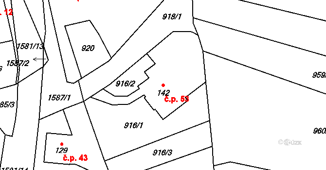 Veselíčko 53, Žďár nad Sázavou na parcele st. 142 v KÚ Veselíčko u Žďáru nad Sázavou, Katastrální mapa