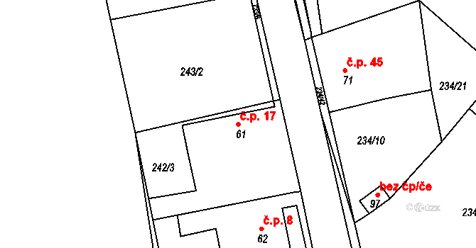 Hodíškov 17 na parcele st. 61 v KÚ Hodíškov, Katastrální mapa