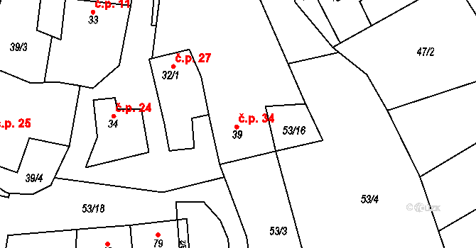 Kuřimské Jestřabí 34 na parcele st. 39 v KÚ Kuřimské Jestřabí, Katastrální mapa