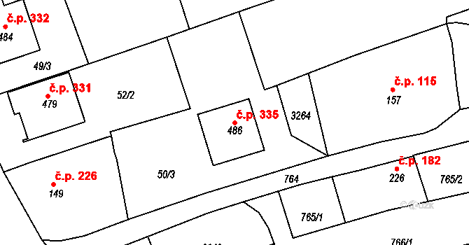 Tečovice 335 na parcele st. 486 v KÚ Tečovice, Katastrální mapa