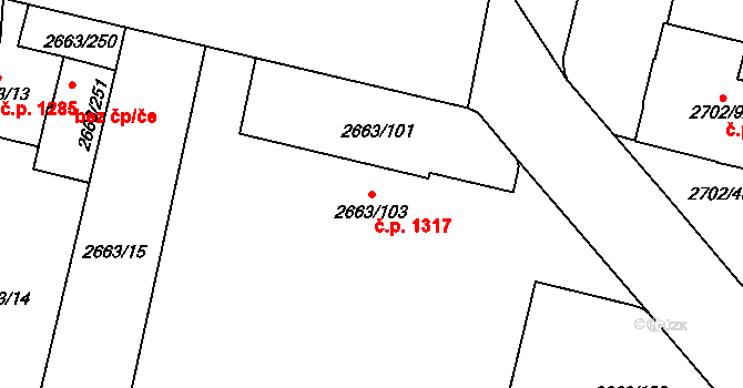 Předměstí 1317, Opava na parcele st. 2663/103 v KÚ Opava-Předměstí, Katastrální mapa