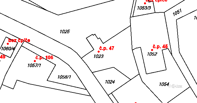 Bolatice 47 na parcele st. 1023 v KÚ Bolatice, Katastrální mapa