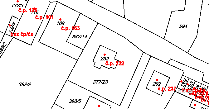 Cvrčovice 222 na parcele st. 232 v KÚ Cvrčovice, Katastrální mapa